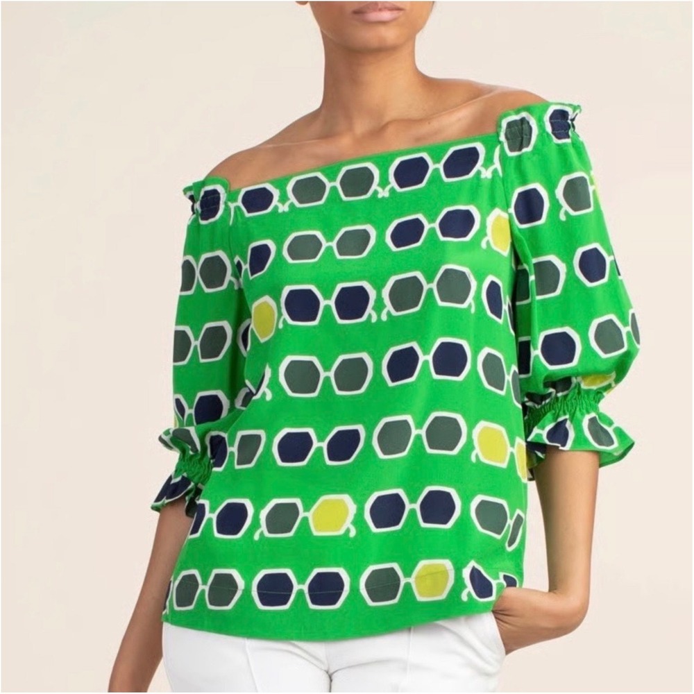 Trina Turk Green Sunglass Print Off The Shoulder Ruffle Cuff Blouse Top Women S